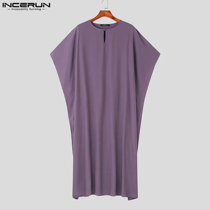 INCERUN 2023 Muslim Style New Mens Long-style Kaftan Robe Casual Simple All-match Robe Male Solid Short Sleeve Jubba Thobe S-5XL