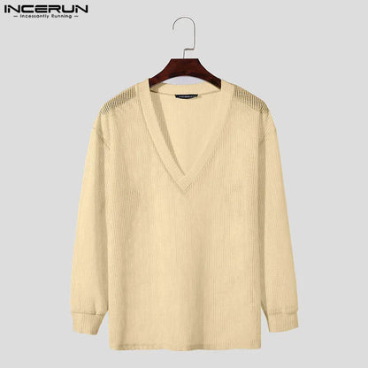 Stylish Well Fitting Tops INCERUN New Men V-neck Texture T-shirts Leisure Streetwear Male Solid Long Sleeved Camiseta S-5XL 2024