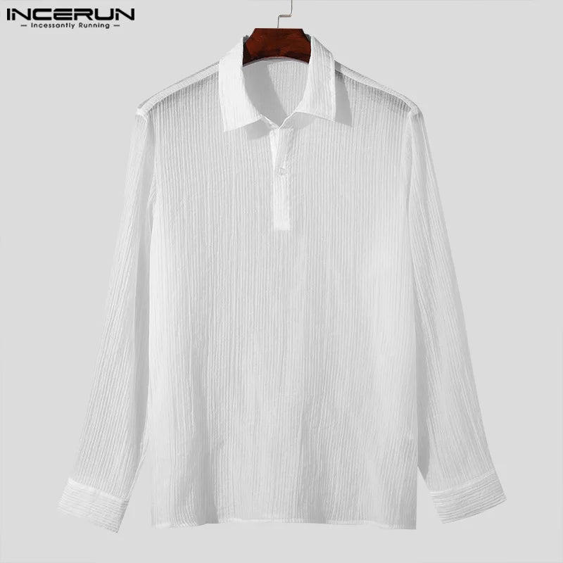 INCERUN Tops 2024 Style coréen Nouveaux hommes Col en V Texture Col à revers Chemises à la mode Homme Couleur unie Chemisier à manches longues S-5XL