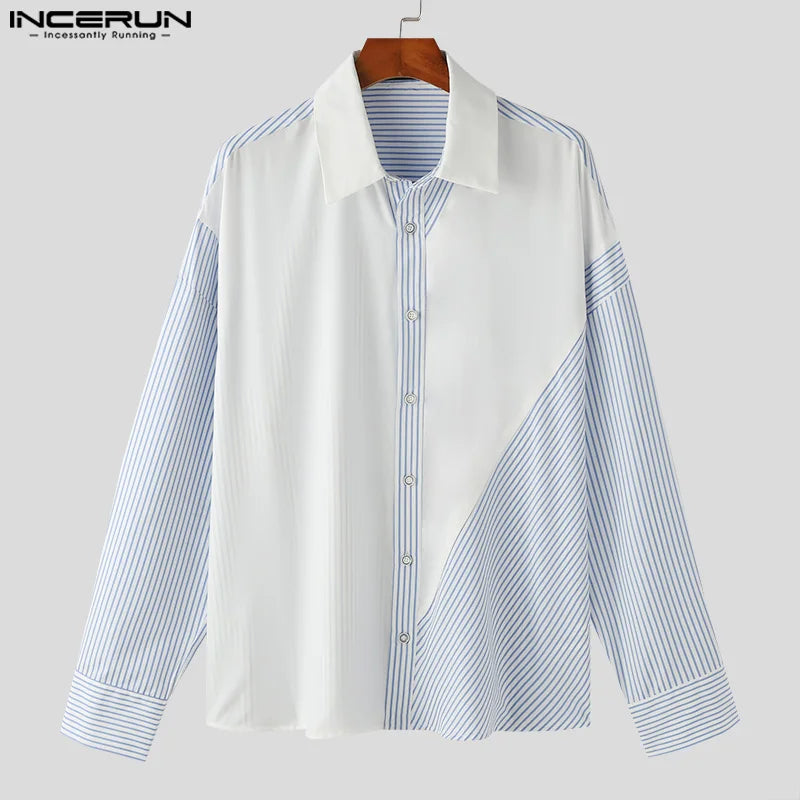 INCERUN Tops  2024 Korean Style New Men's Irregular Striped Design Blouse Casual Simple All-match Long Sleeved Lapel Shirt S-5XL