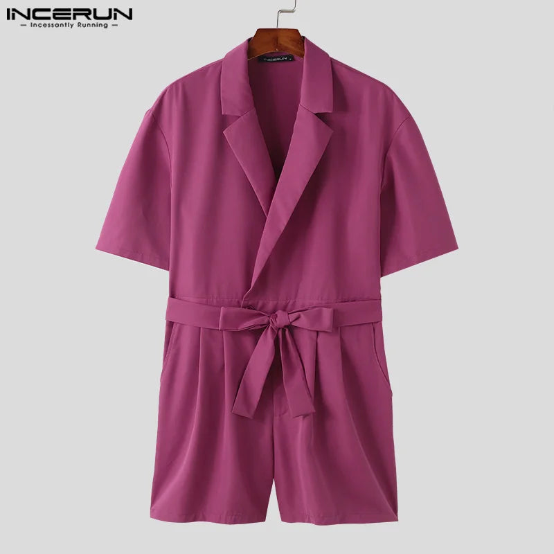 INCERUN 2024 Korean Style Jumpsuits Handsome Men's Suit Collar Design Rompers Casual Street Solid Short Sleeved Jumpsuits S-5XL