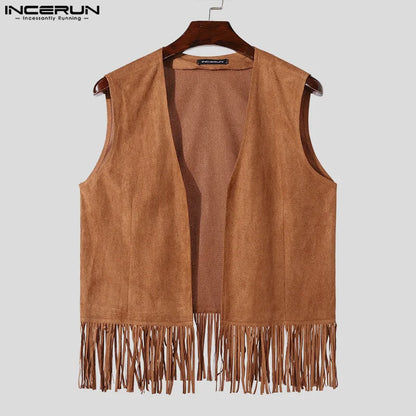 Summer Stylish Tops INCERUN Handsome Men's Suede Tassel Design Vests Casual Streetwear Male Solid Cardigan Waistcoats S-5XL 2024