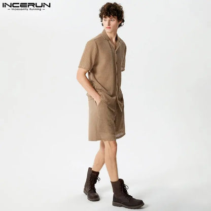 INCERUN 2024 American Style Sets Men's Casual Short Sleeved Shirts Shorts Stylish Male See-through Stripes Two-piece Sets S-5XL