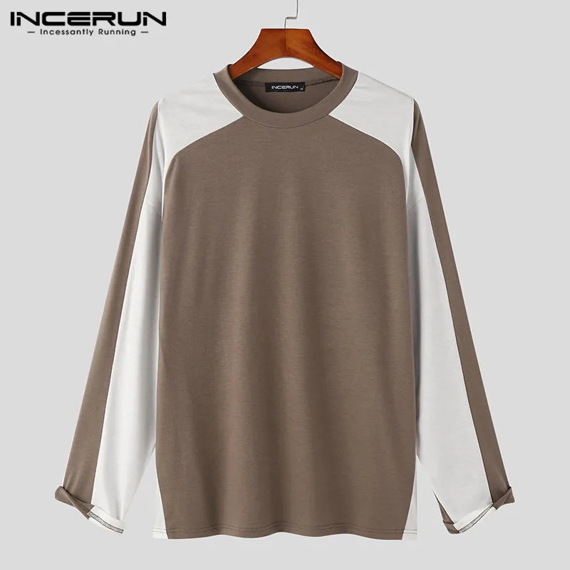 Handsome Well Fitting Tops INCERUN Men's Color Contrast Design T-Shirts Casual Stylish Male All-match Long Sleeve Camiseta S-5XL