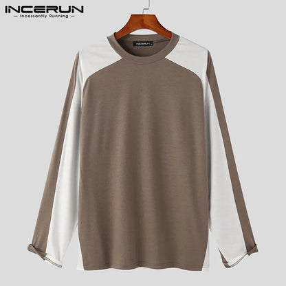 Handsome Well Fitting Tops INCERUN Men's Color Contrast Design T-Shirts Casual Stylish Male All-match Long Sleeve Camiseta S-5XL