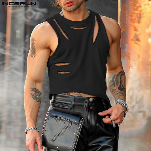 INCERUN Tops 2024 American Style Fashion Mens Irregular Hollow Burn-out Tank Tops Casual Streetwear Solid Sleeveless Vests S-5XL