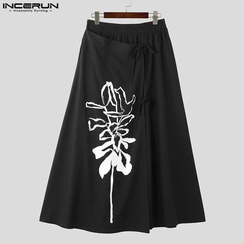 INCERUN 2024 Chinese Style Men's Personality Trousers Wrap Style Print Pantalons Casual Fashionable Male Half Skirts Pants S-5XL