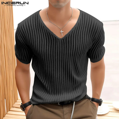 INCERUN Tops 2024 Style coréen élégant hommes légèrement transparent col en V rayé T-shirts hommes décontracté à manches courtes Camiseta S-5XL