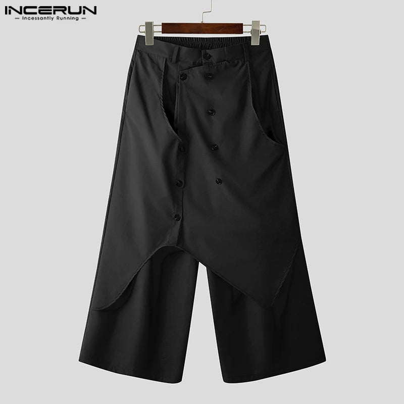 INCERUN 2024 Koreanische Stil Herrenhose Retro Unregelmäßiges Design Lange Hosen Casual Streetwear Männliche Feste Breite Bein Pantalons S-5XL