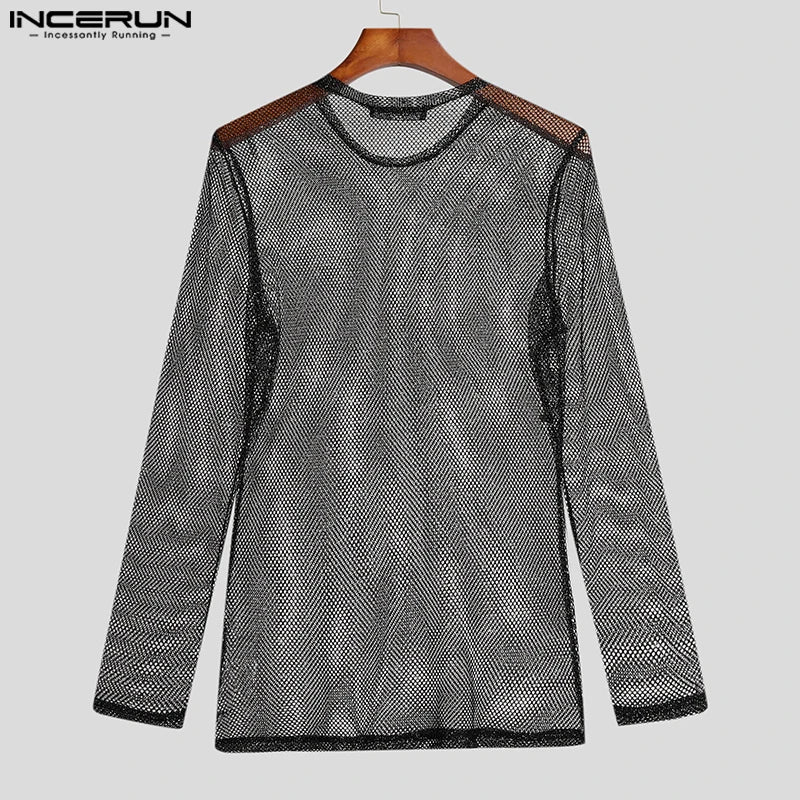 INCERUN Tops 2023 Amerikanischen Stil Neue männer Glitter Mesh Perspektive Camiseta Sexy Männlichen Heißer Verkauf Langarm Dünne T-shirts S-5XL