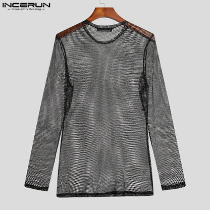 INCERUN Tops 2023 Style américain Nouveaux hommes Glitter Mesh Perspective Camiseta Sexy Homme Vente chaude à manches longues T-shirts fins S-5XL