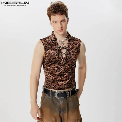 INCERUN Tops 2024 Amerikanischen Stil Mode Männer Ripple Kordelzug Design Westen Sexy Casual Cropped Revers Ärmellose Tank Tops S-5XL