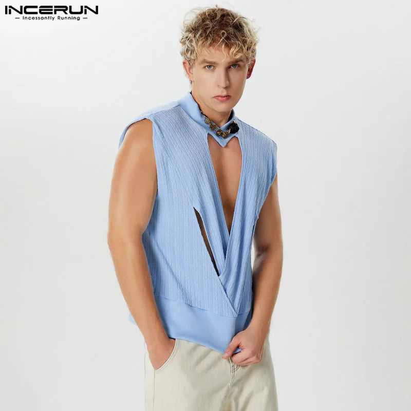 INCERUN Tops 2024 Amerikanischen Stil Mode Männer Persönlichkeit Kreuz Textur Westen Casual Streetwear Dünne Ärmellose Tank Tops S-5XL