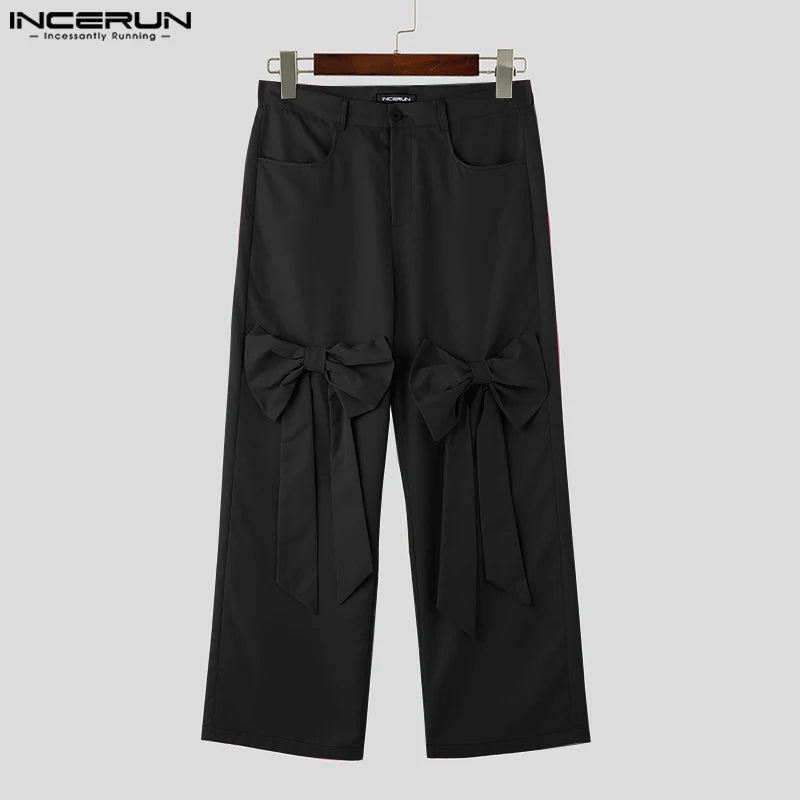 INCERUN 2023 American Style New Men's Pantalons Bow Tie Design Long Pants Casual Streetwear Male Solid All-match Trousers S-5XL