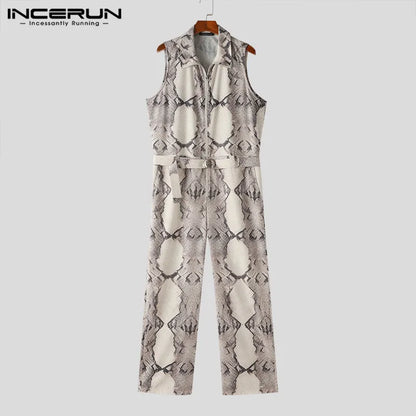 INCERUN 2024 American Style Men's Jumpsuits Personality Printed Jumpsuits Fashion Streetwear Male Lapel Sleeveless Rompers S-5XL