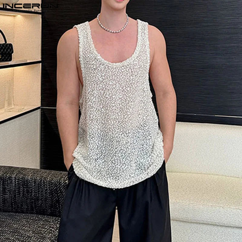 Sexy Stylish Style Tops INCERUN New Mens Texture U-shaped Collar Vests Summer Casual Simple Male Sleeveless Tank Tops S-5XL 2024