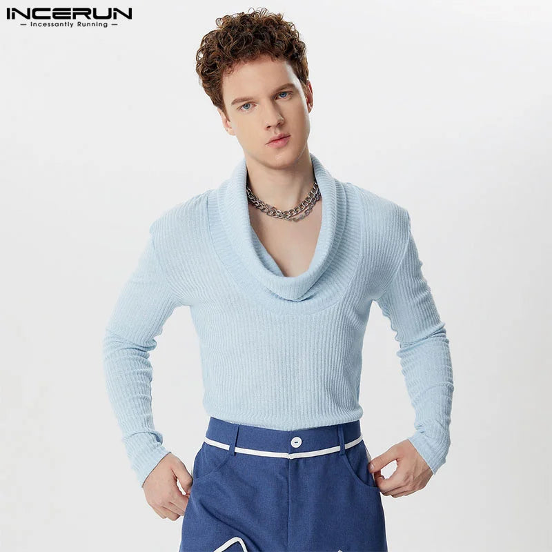 Fashion Well Fitting Tops INCERUN Men's Pile Neck Pullover Casual Streetwear Male Striped Solid Long Sleeved Sweater S-5XL 2024