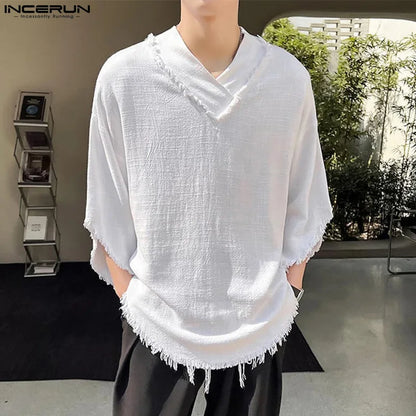 Stylish Casual Style Tops INCERUN 2024 New Mens Textured Tassel V-neck Design T-shirts Summer Male Medium Sleeved Camiseta S-5XL