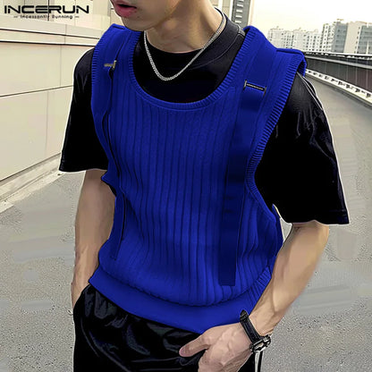 INCERUN Tops 2024 Korean Style Men's Shoulder Strap Design Stripe Vests Casual Streetwear Male O-neck Sleeveless Tank Tops S-5XL