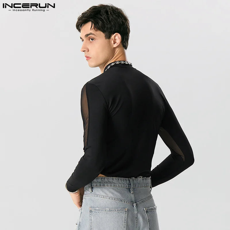 Sexy Stylish Bodysuits INCERUN Mens Homewear O-Neck Mesh Splice Bodysuits Casual Solid Long Sleeve Thin Triangle Jumpsuits S-5XL