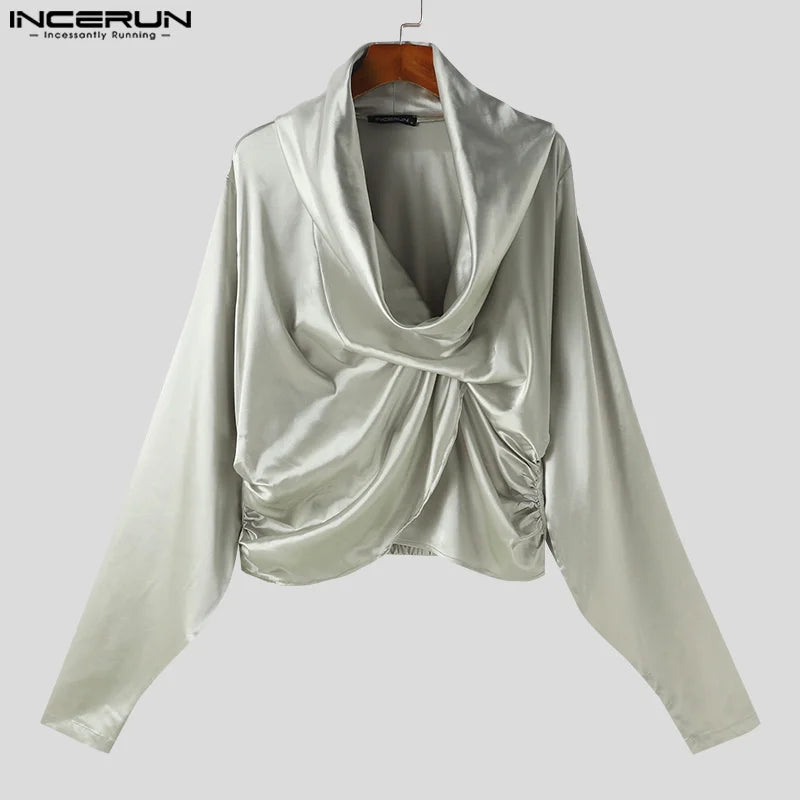 INCERUN Tops 2024 Korean Style Men's Fashion Pile Collar Design Shirts Sexy Casual Male Solid Cropped Long Sleeved Blouse S-5XL