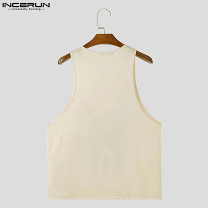 INCERUN Tops 2024 Amerikanischer Stil Stilvolle Neue Männer Blumendruck Muster Westen Sexy Casual Männlichen V-ausschnitt Ärmellose Tank Tops S-5XL