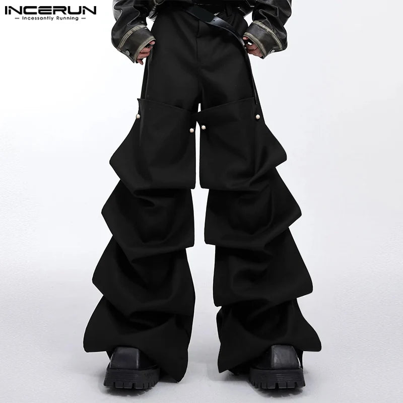 INCERUN 2024 Korean Style Men's Stylish Trousers Casual Clothing Solid Layered Design Pantalons Male Streetwear Long Pants S-5XL