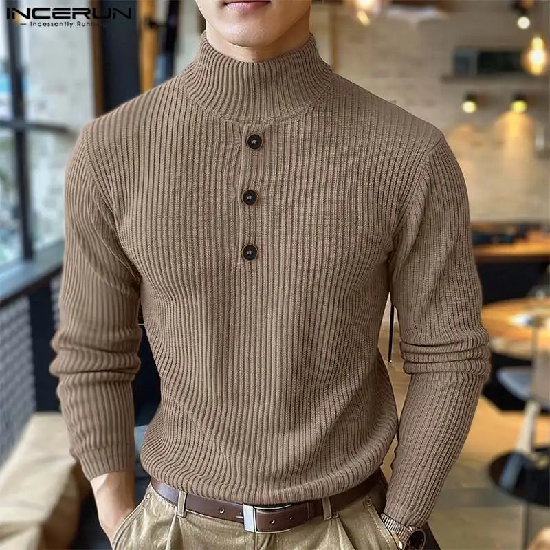 Handsome Well Fitting Tops INCERUN New Men Solid High Neck Design Pullovers Autumn Wnter Casual Male Long Sleeved Sweaters S-5XL