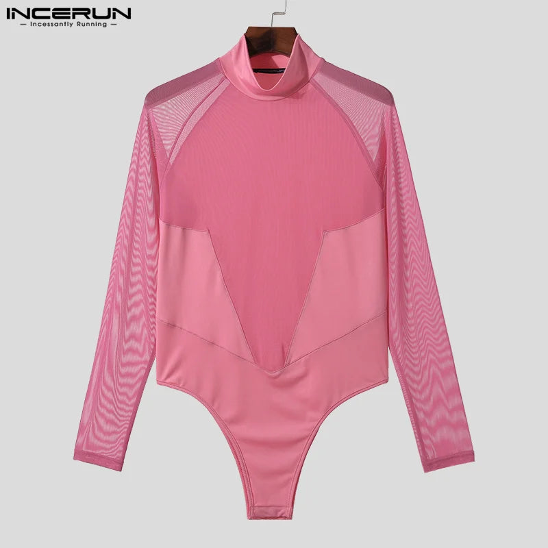 INCERUN 2023 Sexy Mens Homewear Mesh Splicing Perspective Jumpsuits Fashion Half High Neck Triangle Long Sleeved Bodysuits S-5XL