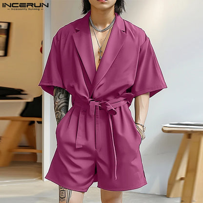 INCERUN 2024 Korean Style Jumpsuits Fashion Men's Suit Collar Design Jumpsuits Casual Hot Sale Solid Short Sleeved Rompers S-5XL