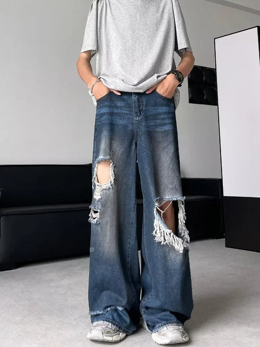 HOUZHOU Hip Hop Ripped Baggy Jeans Men High Street Male Distressed Denim Wide Leg Pants Casual Trousers Vintage Streetwear Loose