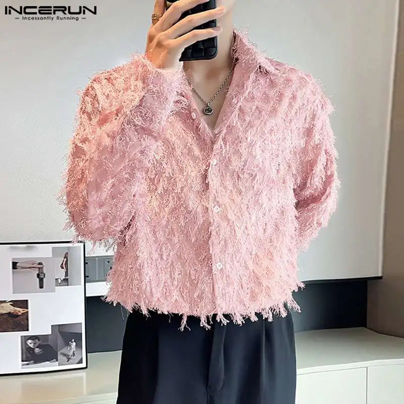 INCERUN Tops 2024 Korean Style New Mens Loose Tassel Perspective Design Shirts Casual Fashionable Male Long Sleeved Blouse S-5XL