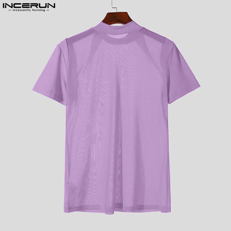 INCERUN Herren T-Shirt Rollkragen Kurzarm Mesh Patchwork Transparent T-Shirt Tops Streetwear Sommer 2024 Mode Männer Kleidung