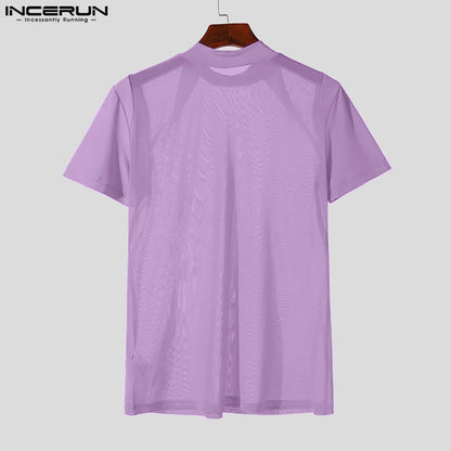 INCERUN Men's T Shirt Turtleneck Short Sleeve Mesh Patchwork Transparent Tee Tops Streetwear Summer 2024 Fashion Men Clothing