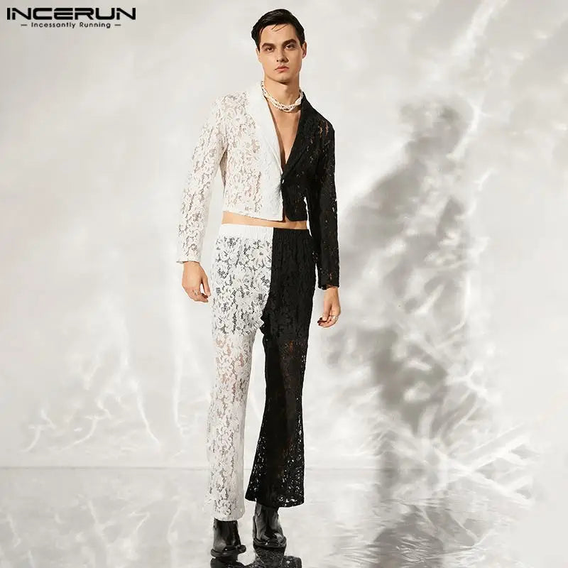 Fashion Casual Style Sets INCERUN Handsome Men's Black White Contrast Color Lace Hollow Short Suit Trousers Suit 2 Pieces S-5XL