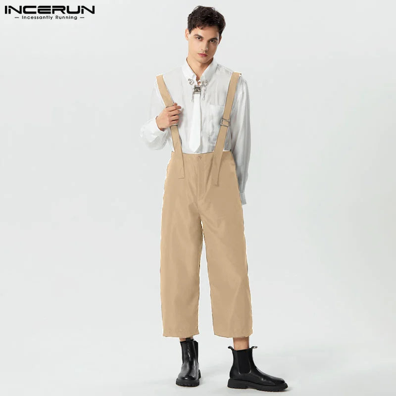 INCERUN 2024 Fashion New Men Rompers Loose High Waisted Wide Leg Jumpsuits Casual Solid Well Fitting Shoulder Strap Pants S-5XL