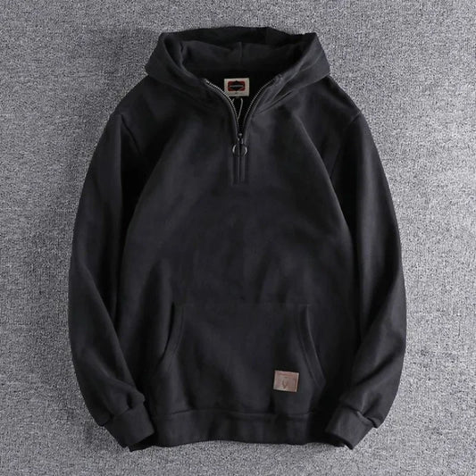 Herrenbekleidung Schwarze Sweatshirts mit halbem Reißverschluss für Herren Warme Hoodies Solide Kapuze Fleece Y2k Vintage Hochwertiger koreanischer Stil Lose