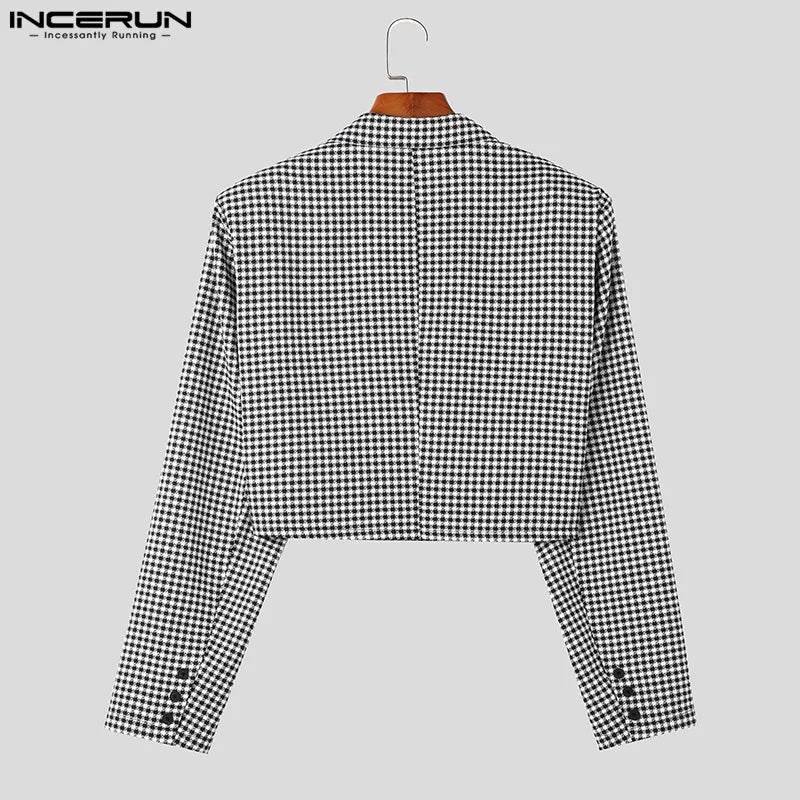 INCERUN Tops 2023 Style coréen Beau Nouveau Costume de conception à carreaux pour hommes Costume de fête décontracté Montre un Blazer de style court bien ajusté pour hommes S-5XL