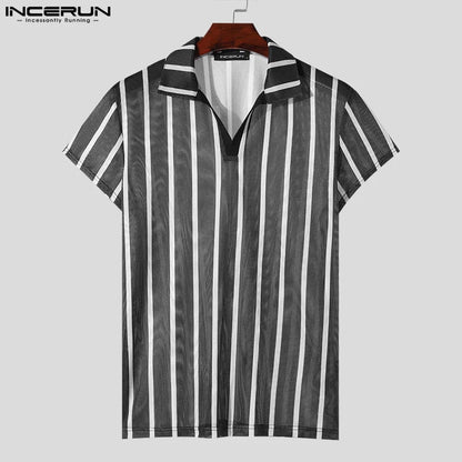 INCERUN Tops 2024 Amerikanischer Stil Gestreifte Mesh-Shirts für Herren Lässige Mode Leicht perspektivische Kurzarm-Reversbluse S-5XL