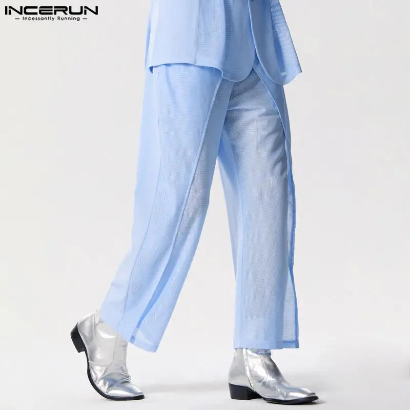 INCERUN 2024 American Style Men's Pantalons Fashion Hollow Mesh Design Long Pants Casual Clubwear Solid All-match Trousers S-5XL