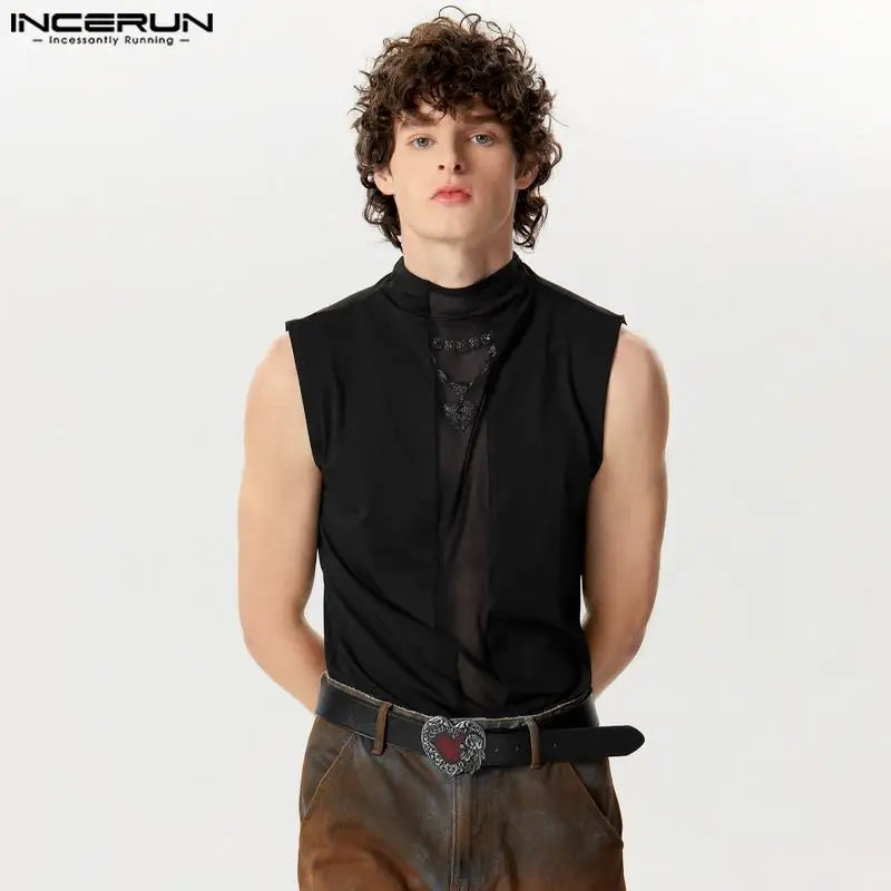 Handsome Well Fitting Tops INCERUN Men's Mesh Patchwork Design Vests Casual Streetwear Hot Sale Sleeveless Tank Tops S-5XL 2024