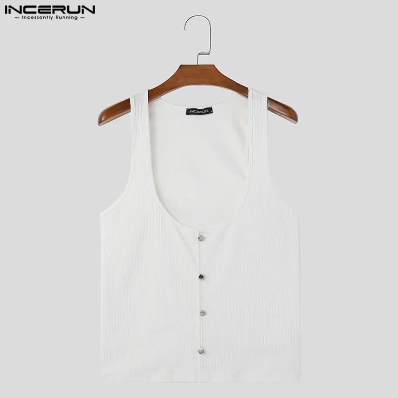 INCERUN Tops 2024 Style coréen Nouveaux hommes Sexy en forme de U profond rayé Design gilets décontracté mode hommes sans manches débardeurs S-5XL