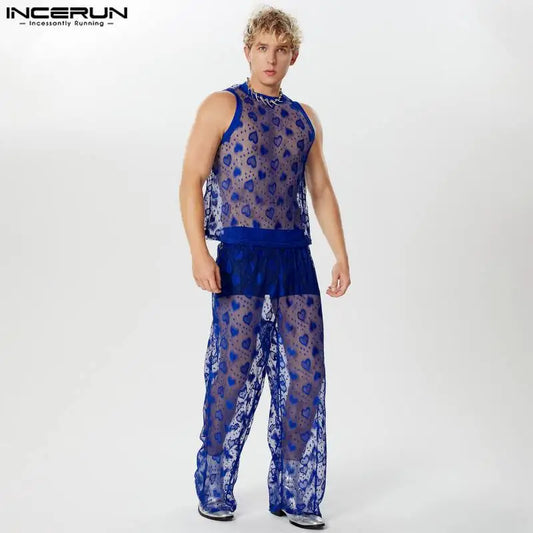 INCERUN 2024 Stilvolle Sets im amerikanischen Stil Neue Männer lieben Spitze ausgehöhlte Westen lange Hosen Sexy Casual Male Zweiteiler Sets S-5XL