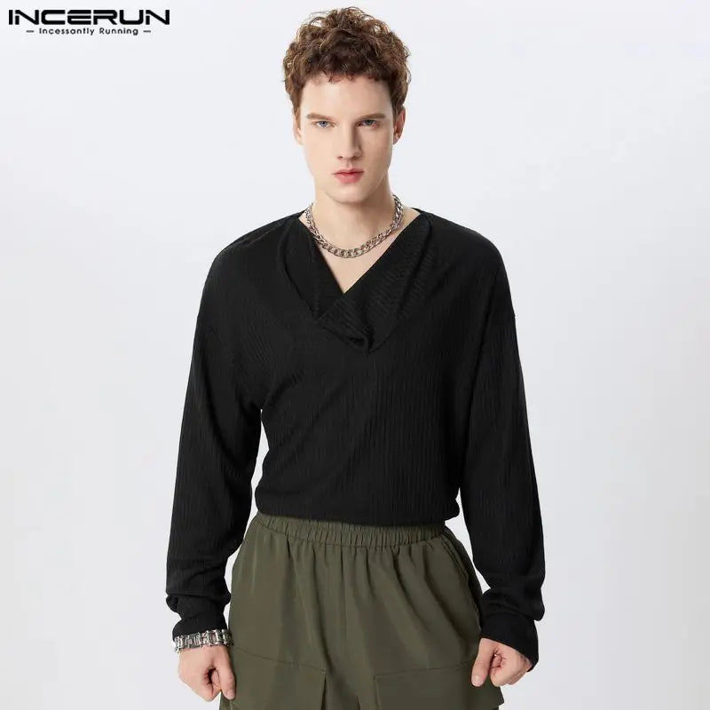 Handsome Well Fitting Tops INCERUN Men Loose Pile Neck Striped Pullovers Stylish Clubwear Solid Long Sleeved Sweaters S-3XL 2024