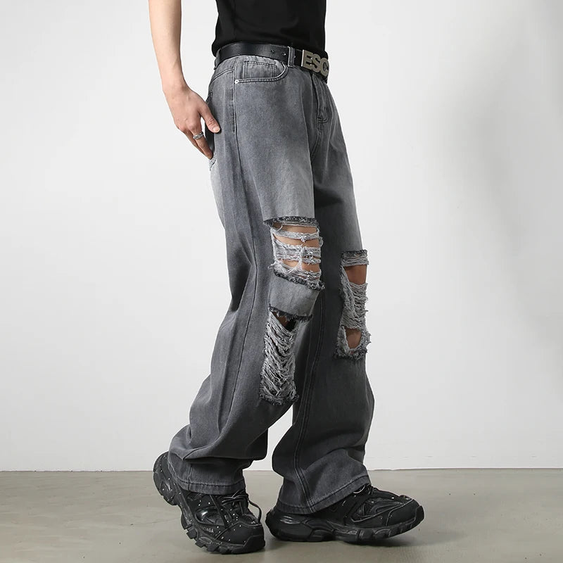 HOUZHOU Harajuku Ripped Jeans Men Wide Leg Pants Oversize Hip Hop Darkwear Denim Trousers Male Casual Japanese Streetwear Hole