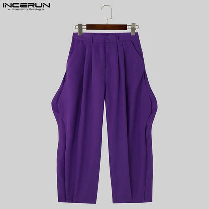 INCERUN 2024 American Style Pantalons Stylish New Men Irregular Silhouette Pants Casual Party Show Solid Wide-leg Trousers S-5XL