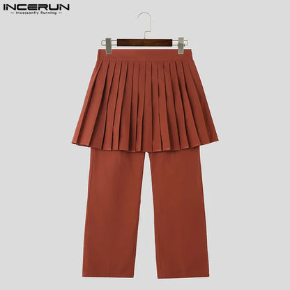 INCERUN 2024 American Style New Men Trousers Pleated Fake Two-piece Solid Skirt Pants Casual Streetwear Hot Sale Pantalons S-5XL