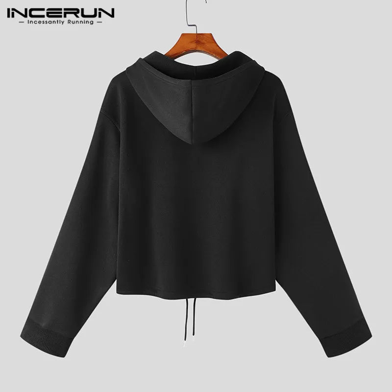 INCERUN Tops 2023 Koreanische Stil Neue Männer Hohe taille Kordelzug Mit Kapuze Casual Streetwear Solide Alle-spiel Reißverschluss Sweatshirts S-5XL