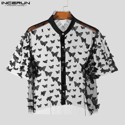 Men Shirt Patchwork Stand Collar Short Sleeve Mesh Transparent Fashion Men Clothing Streetwear Summer Casual Crop Tops INCERUN