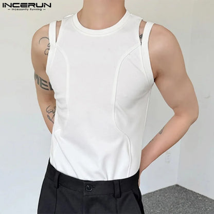 INCERUN Tops 2024 Koreanischen Stil Männer Solide Strick Hohl Design Westen Casual Streetwear Einfache Männliche Ärmellose Tank Tops S-5XL